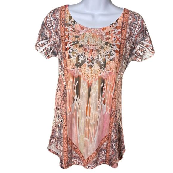 ONE WORLD Boho Printed Knit Flutter Sleeve T-Shirt Women’s Size S - Picture 7 of 11